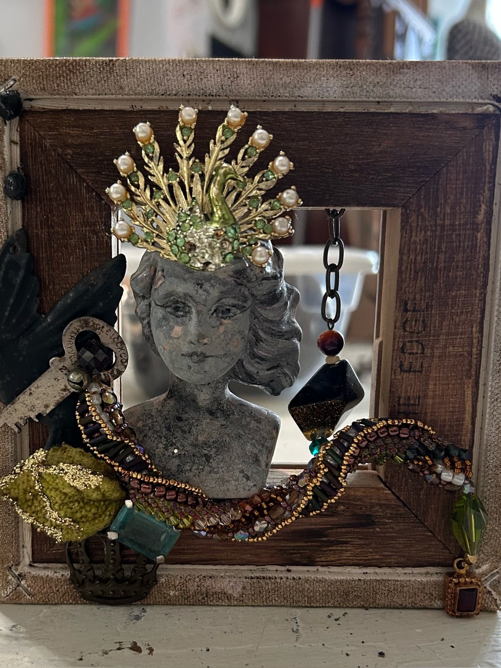 Vintage-Inspired Decorative Bust with Beaded Crown and Accents